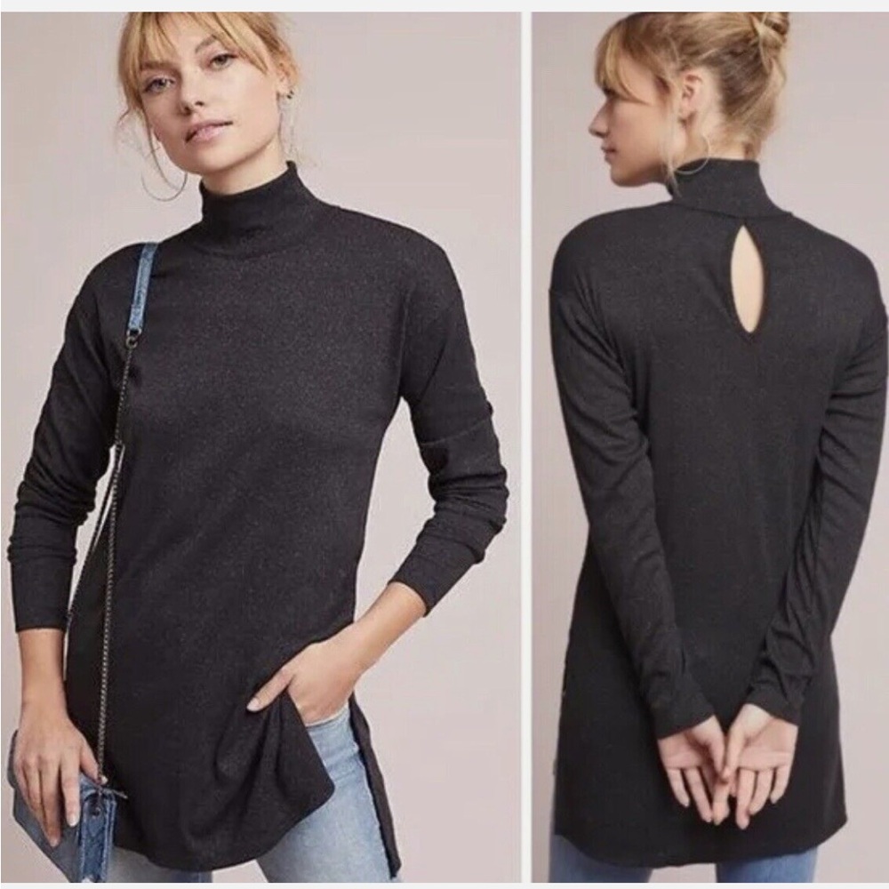 Anthropologie Vanessa Virginia Gold Sparkle Turtleneck Sweater Keyhole Black XS